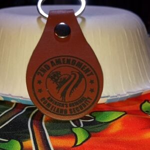 Brown Leather Keychain with 2nd Amendment Design